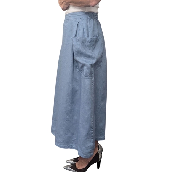 Lintico 100% Linen Blue Midi Skirt with Pockets Cottagecore Sz Small - Picture 2 of 9